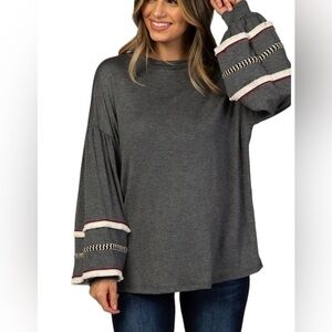 Gray Women's Top with Striped Sleeves